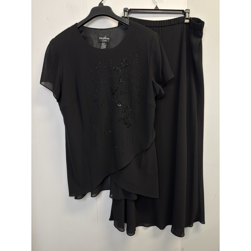 Positive Attitude 2 Pc Cocktail‎ Formal Long Skirt & Top Women's 18 Black Beaded